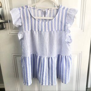 Blue Pepper blue and white strip flowy womens top. Size Large.